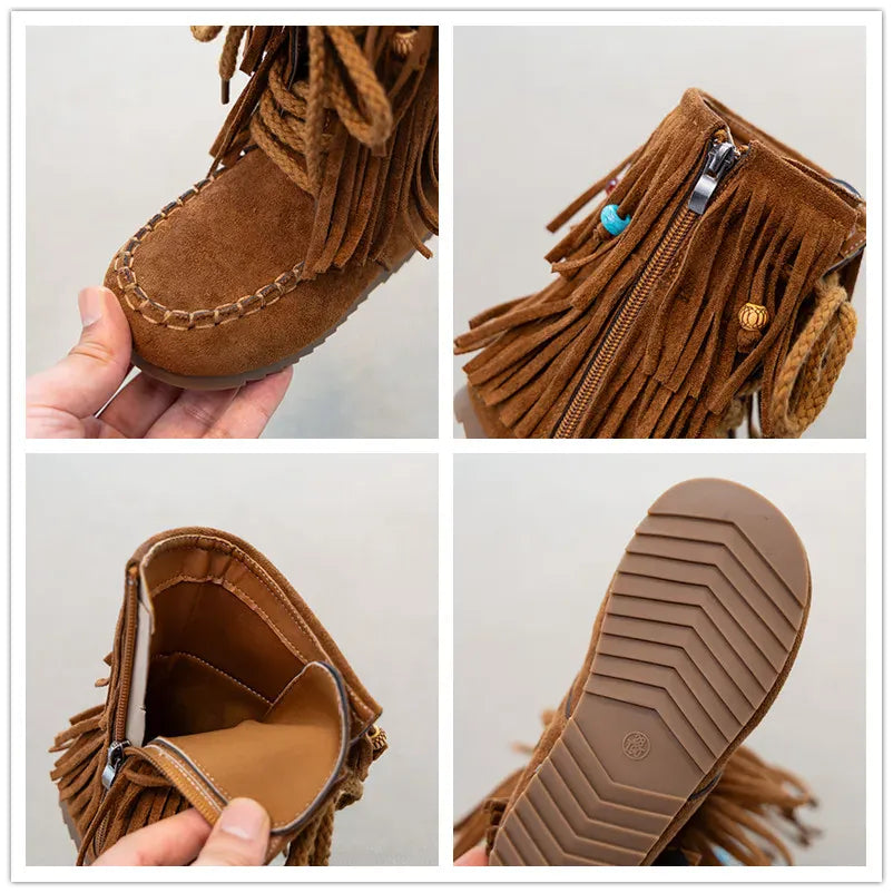 Girls Ankle Boots - Suede Beaded Fringe Retro Winter Shoes