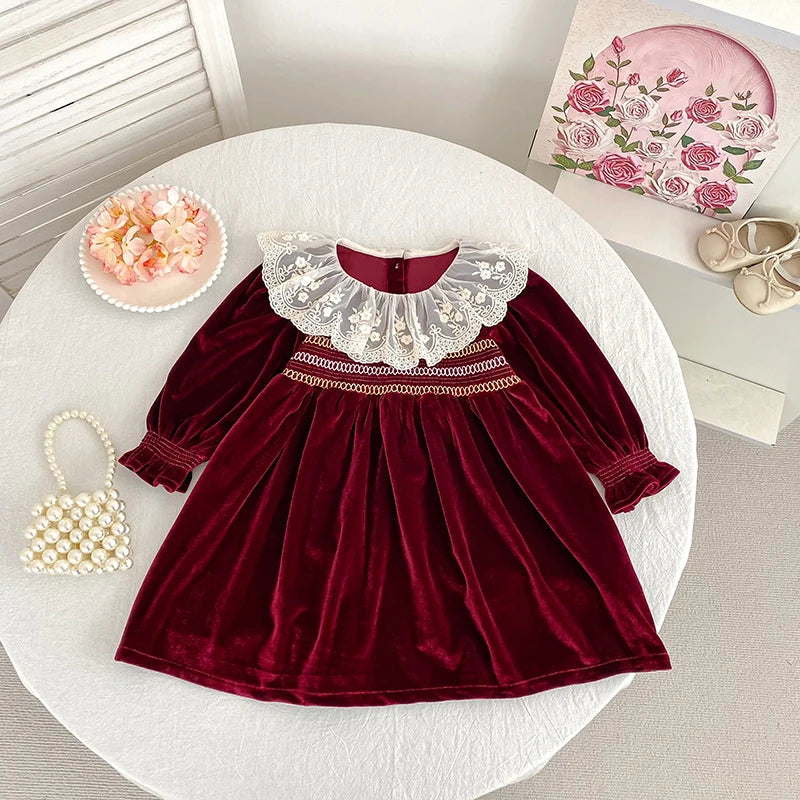 Girls Red Christmas Dress with White Lace Collar