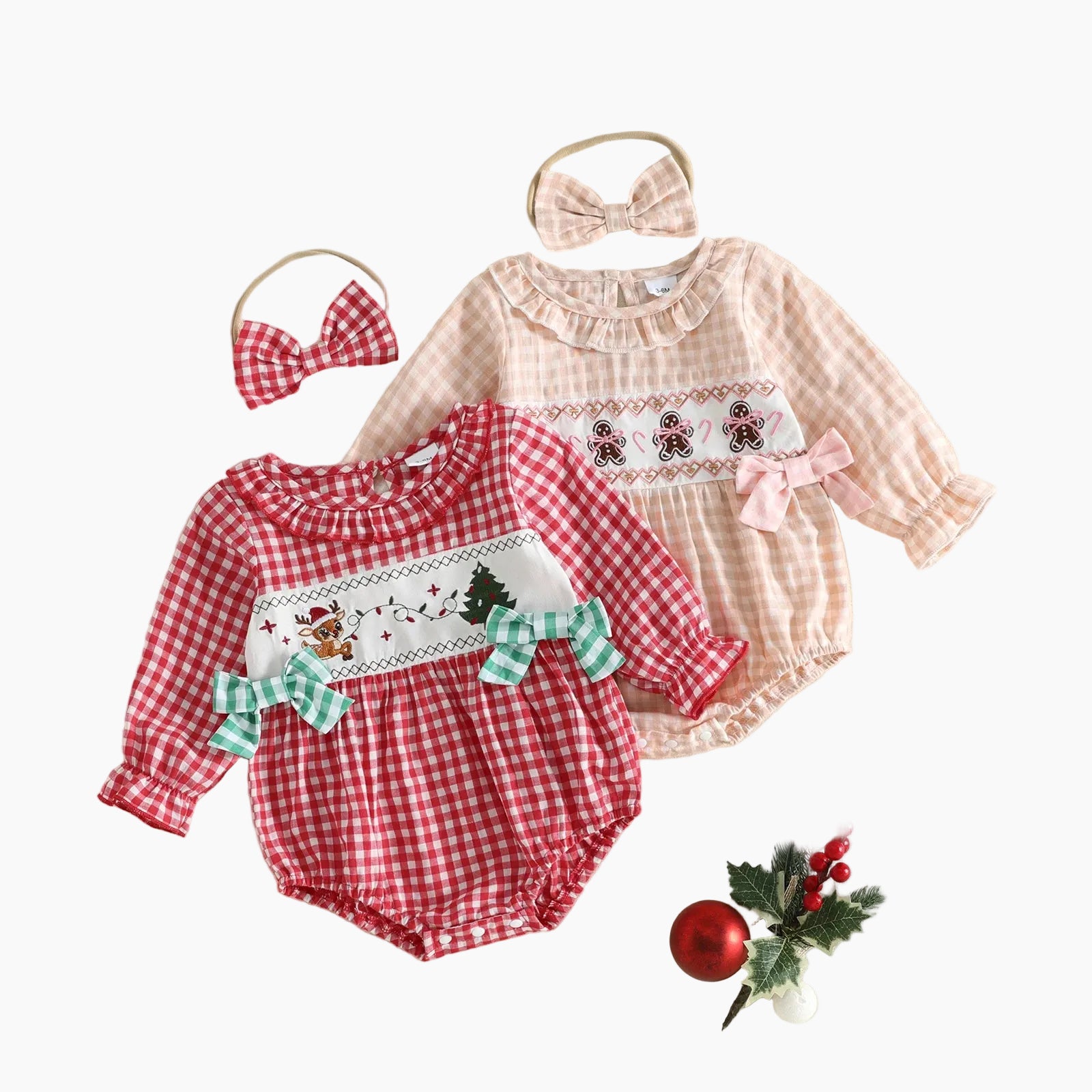 Baby Girl Christmas Gingham Romper & Bow Headband Set