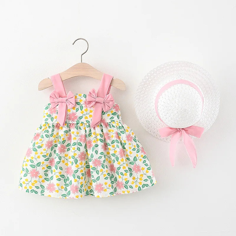2-Piece Korean Style Floral Dress & Hat Set