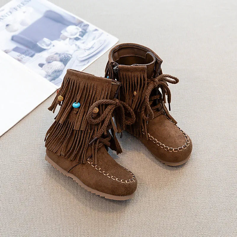 Girls Ankle Boots - Suede Beaded Fringe Retro Winter Shoes