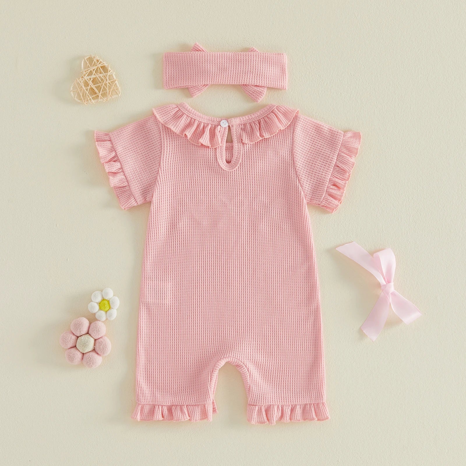 Baby Girl Ruffle Bow Embroidery Cotton Romper & Headband Set