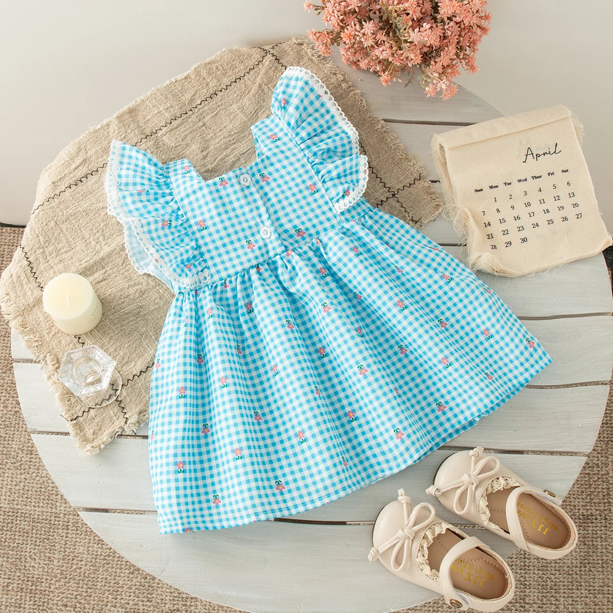 Baby Girl Blue Checkered Sleeveless Dress with Flower Bow Detail
