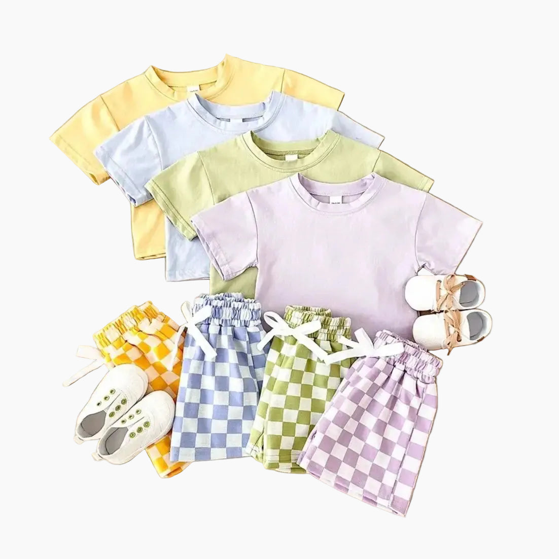 Unisex Solid T-shirt & Plaid Shorts Set