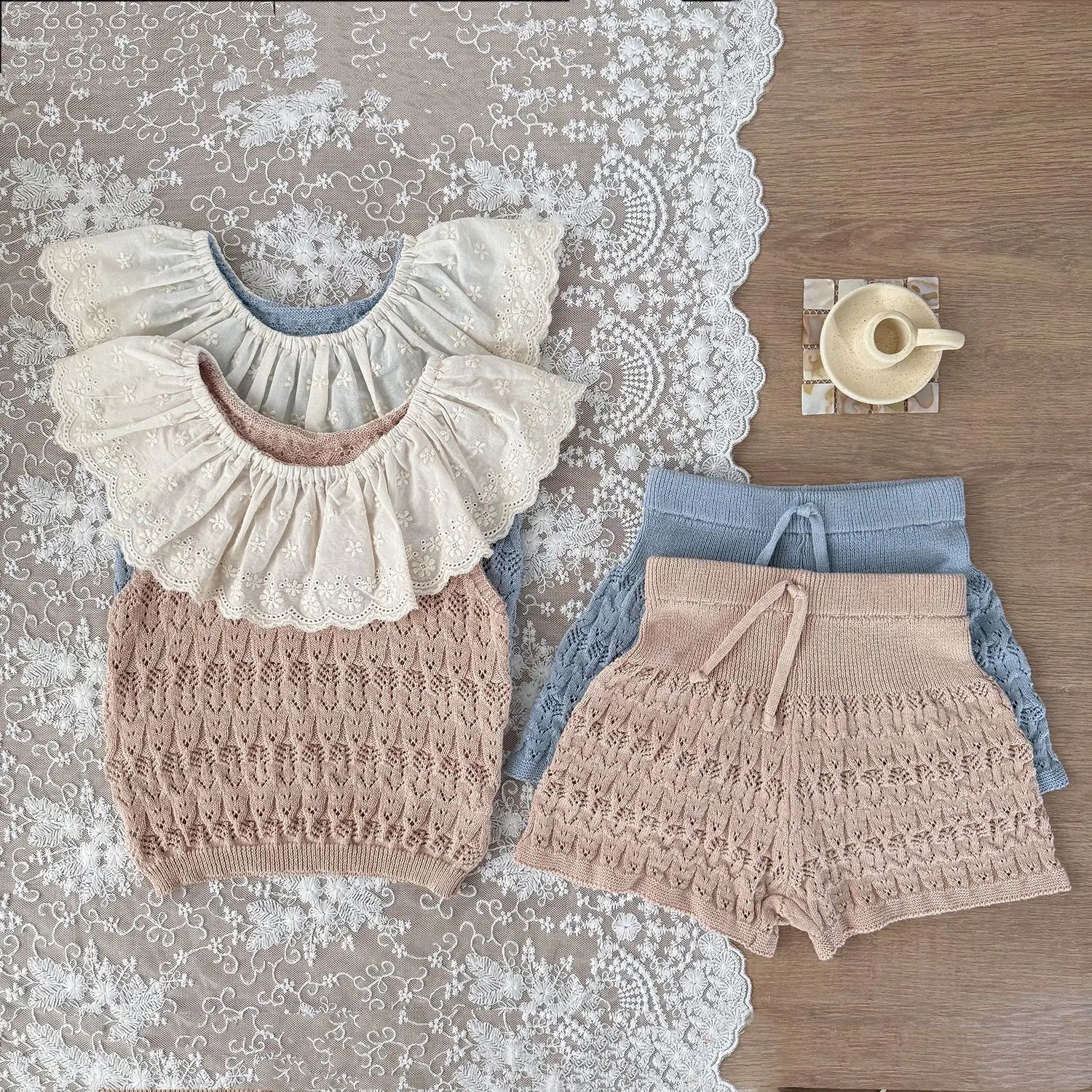 Baby Girls Hollow Knit Lace Collar Vest & Shorts Set