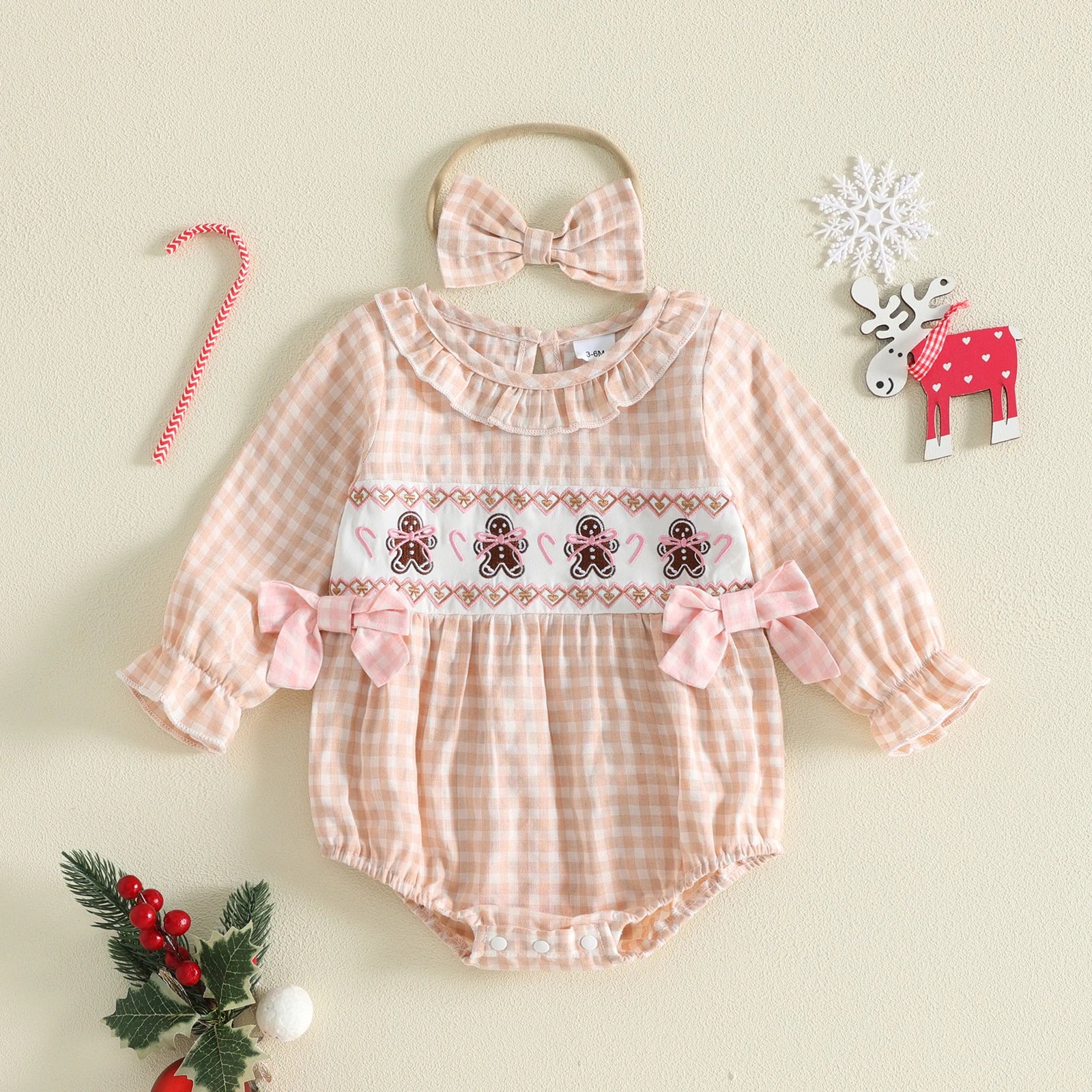 Baby Girl Christmas Gingham Romper & Bow Headband Set