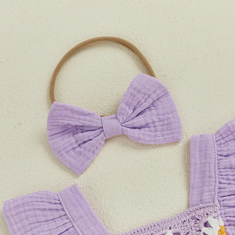 Baby Girl Crochet Flower Smocked Ruffle Romper & Headband Set