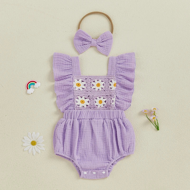 Baby Girl Crochet Flower Smocked Ruffle Romper & Headband Set