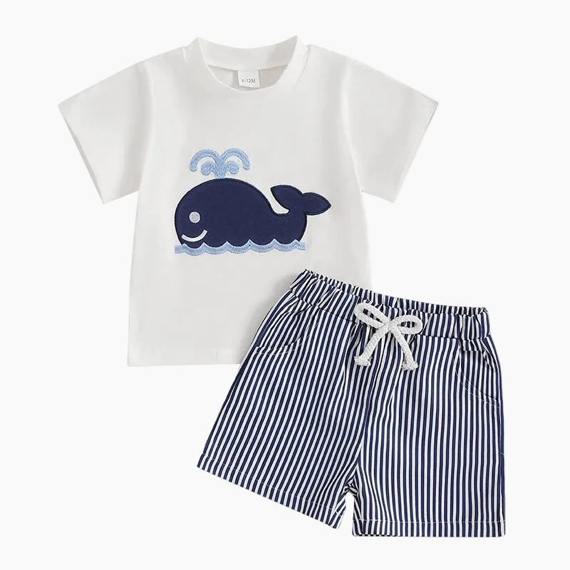 Embroidered T-Shirt & Striped Shorts Set