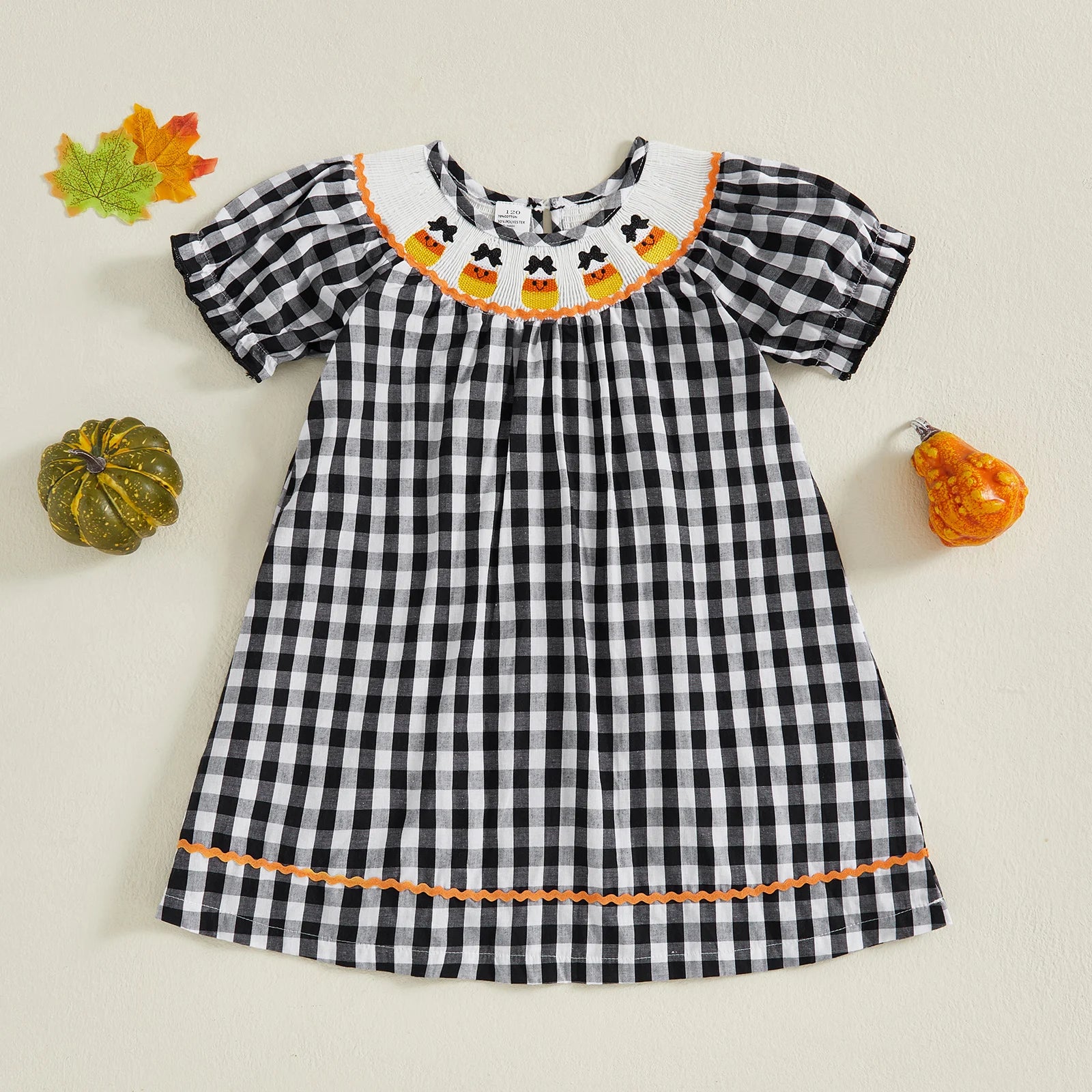 Halloween Plaid Dress with Candy Corn Embroidery