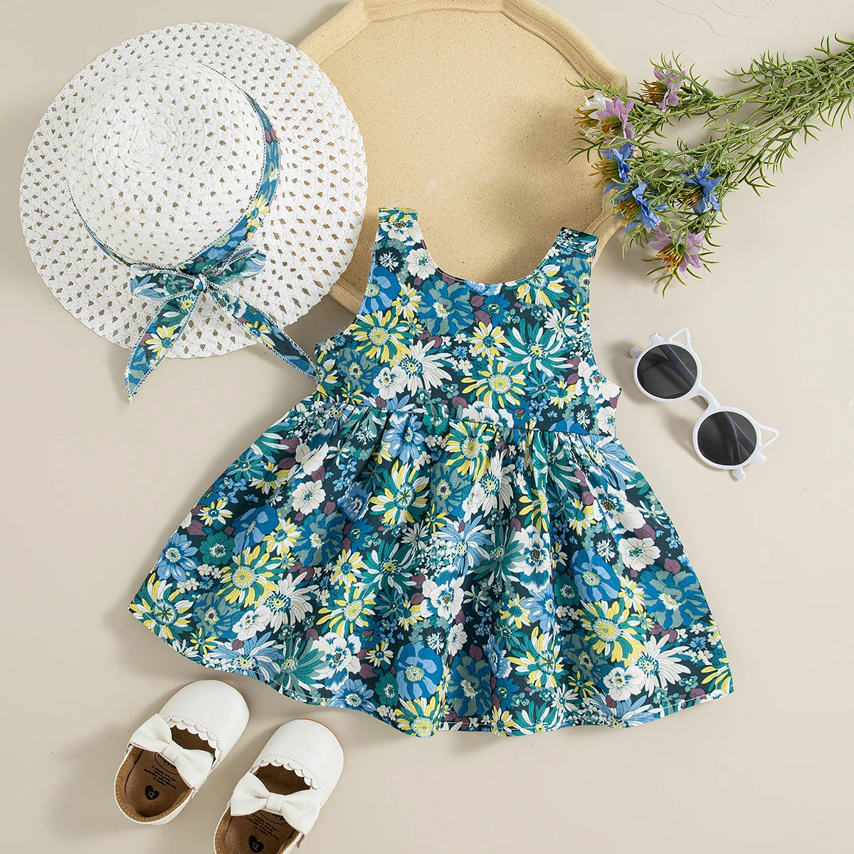 Floral Print Bow & Hat Princess Dress Set