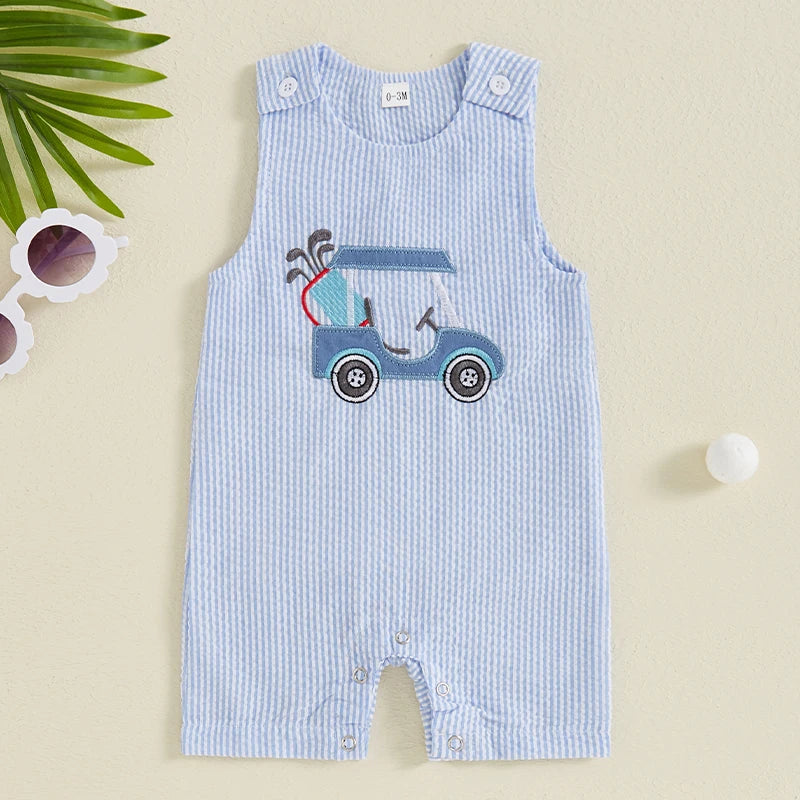Golf Cart Appliqué Striped Romper