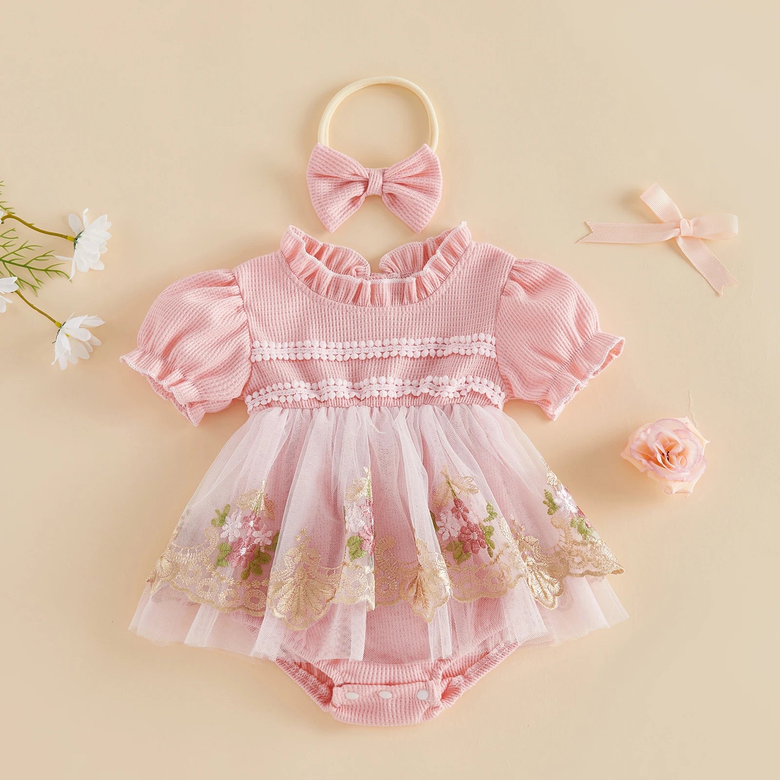 Baby Girl Romper Dress & Bow Headband Set - Floral Tulle Embroidery