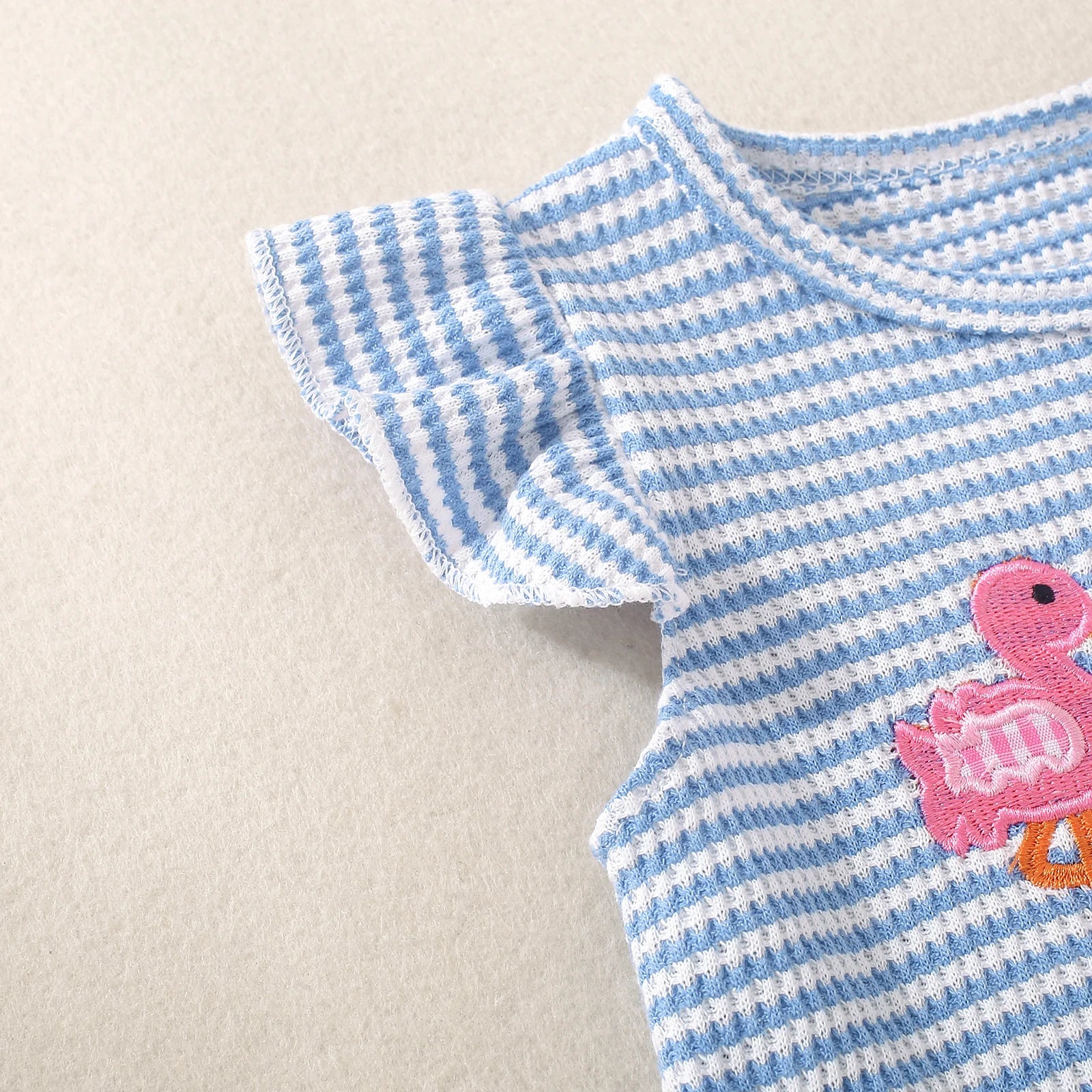 Flamingo Embroidered Waffle Knit Bodysuit with Flutter Sleeves