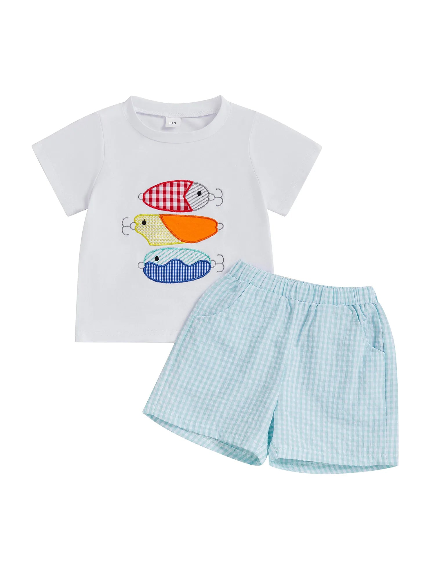 Fish Print T-Shirt and Gingham Shorts Set