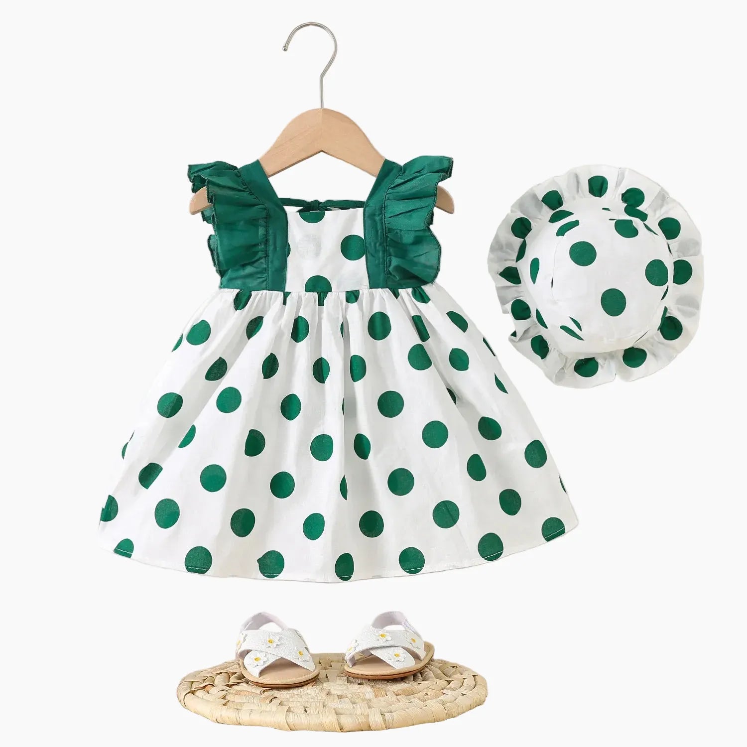 green / 9-12M Polka Dot Dash Sleeve Dress & Hat Set for Baby Girls