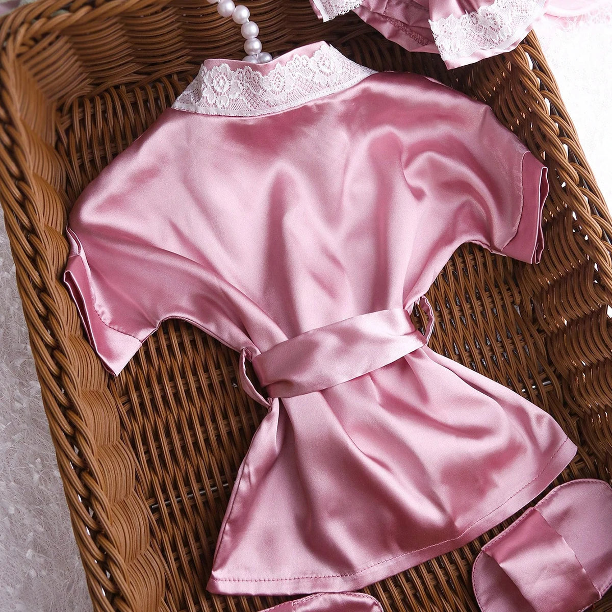 Newborn Lace Bathrobe Photo Set for Baby Girls - Robe, Turban Hat and Slippers