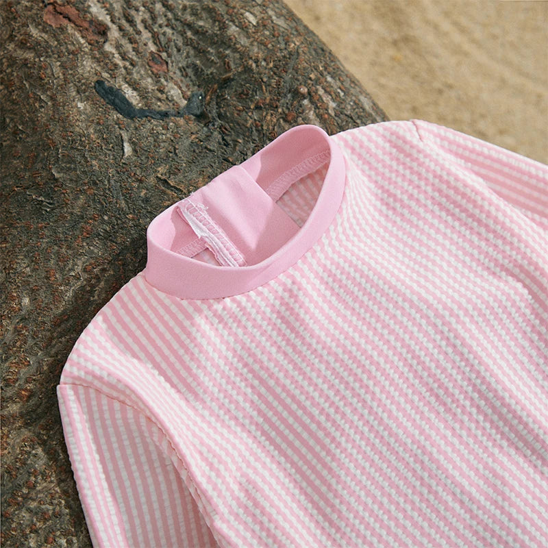 Girls Long Sleeve Striped Swimsuit with Hat