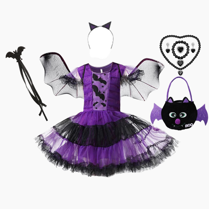 Girl's Purple Bat Costume with Wings and Headband