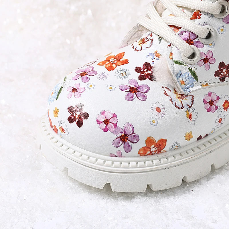 Girls Floral Leather Warm Plush Snow Boots
