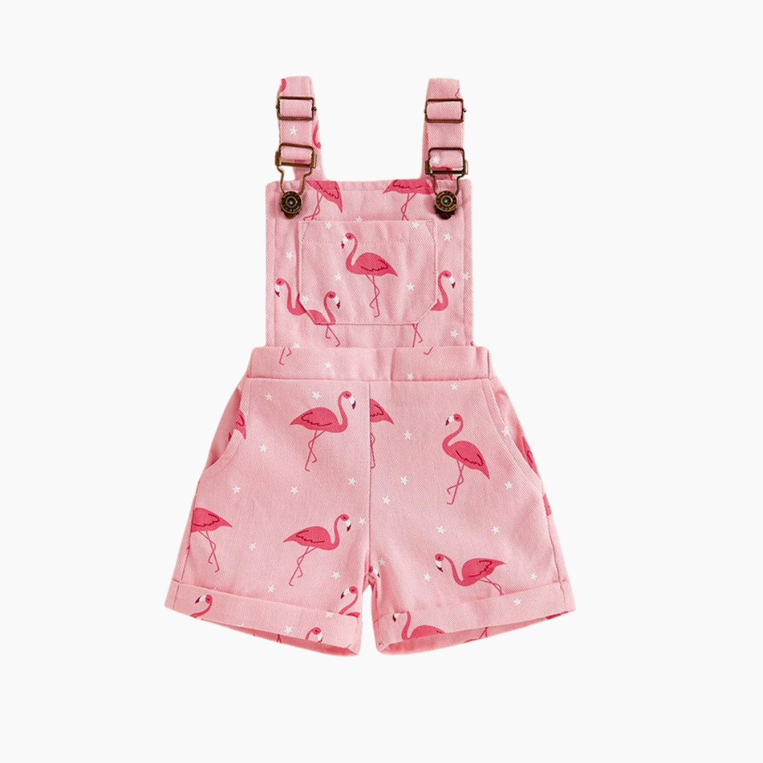 Girls Flamingo Print Denim Overalls
