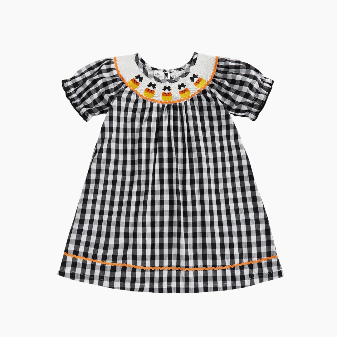 Halloween Plaid Dress with Candy Corn Embroidery