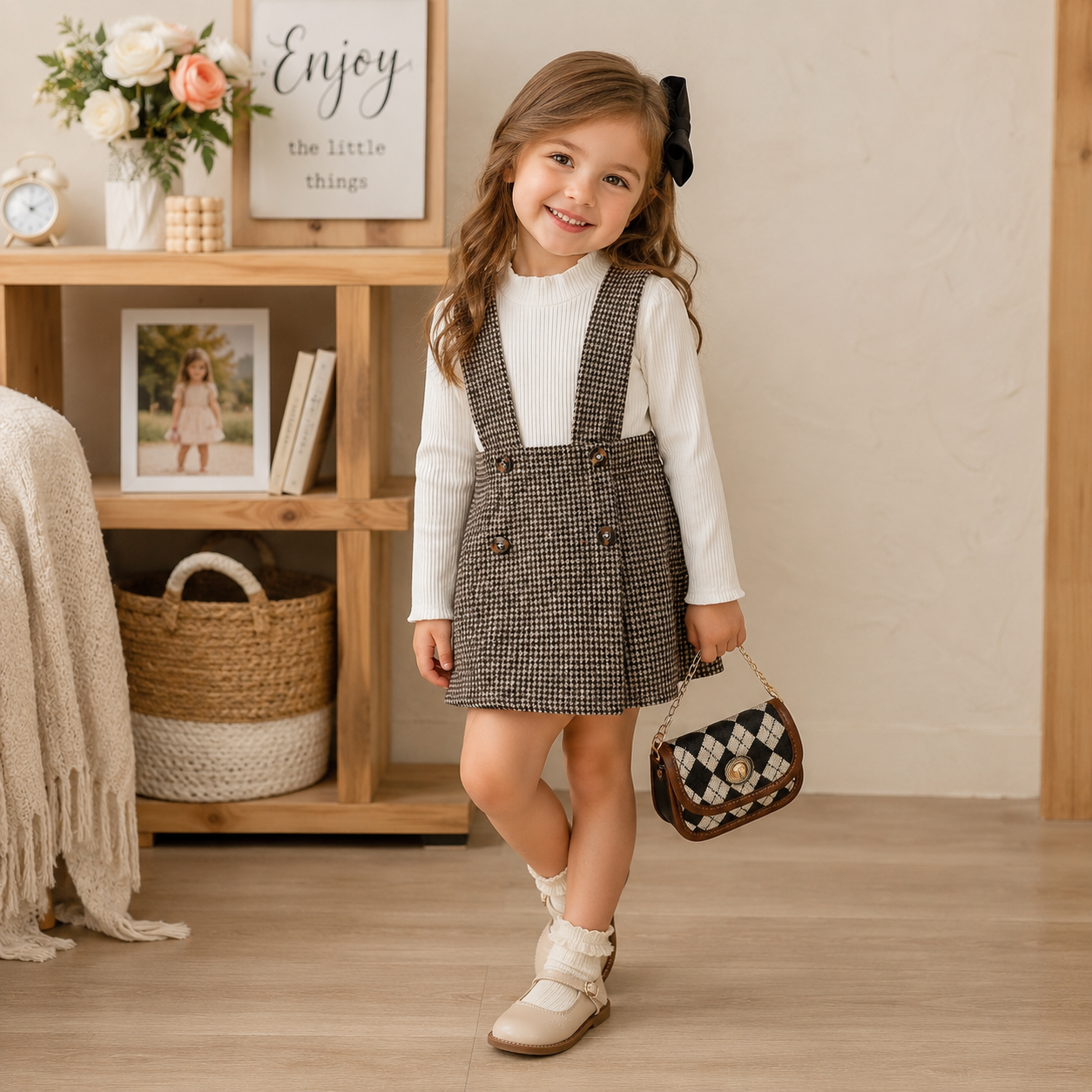 Girl's Plaid Strap Skirt Set - Long Sleeve Top & Skirt Outfit