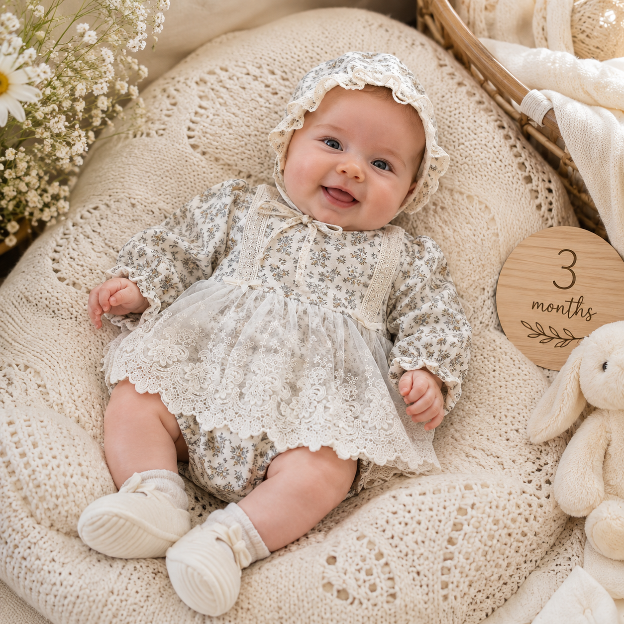 Baby Girl Lace Trim Long Sleeve Romper with Matching Hat