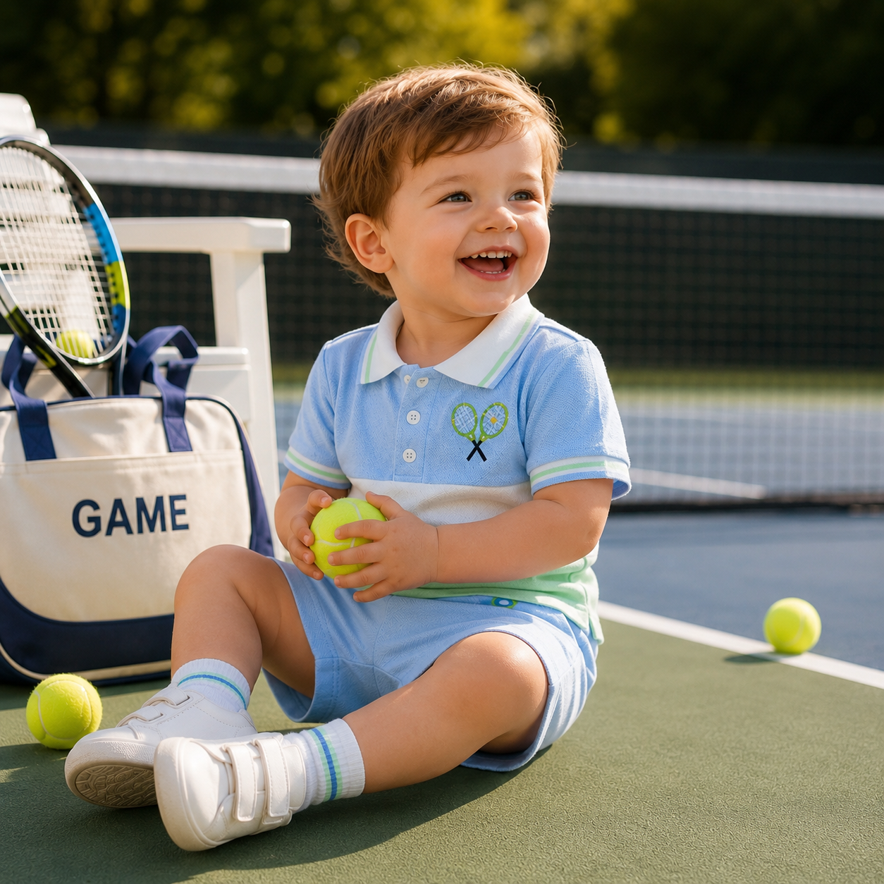 Baby Boy Tennis Ball Pattern Polo T-Shirt & Elastic Shorts 2-Piece Summer Set