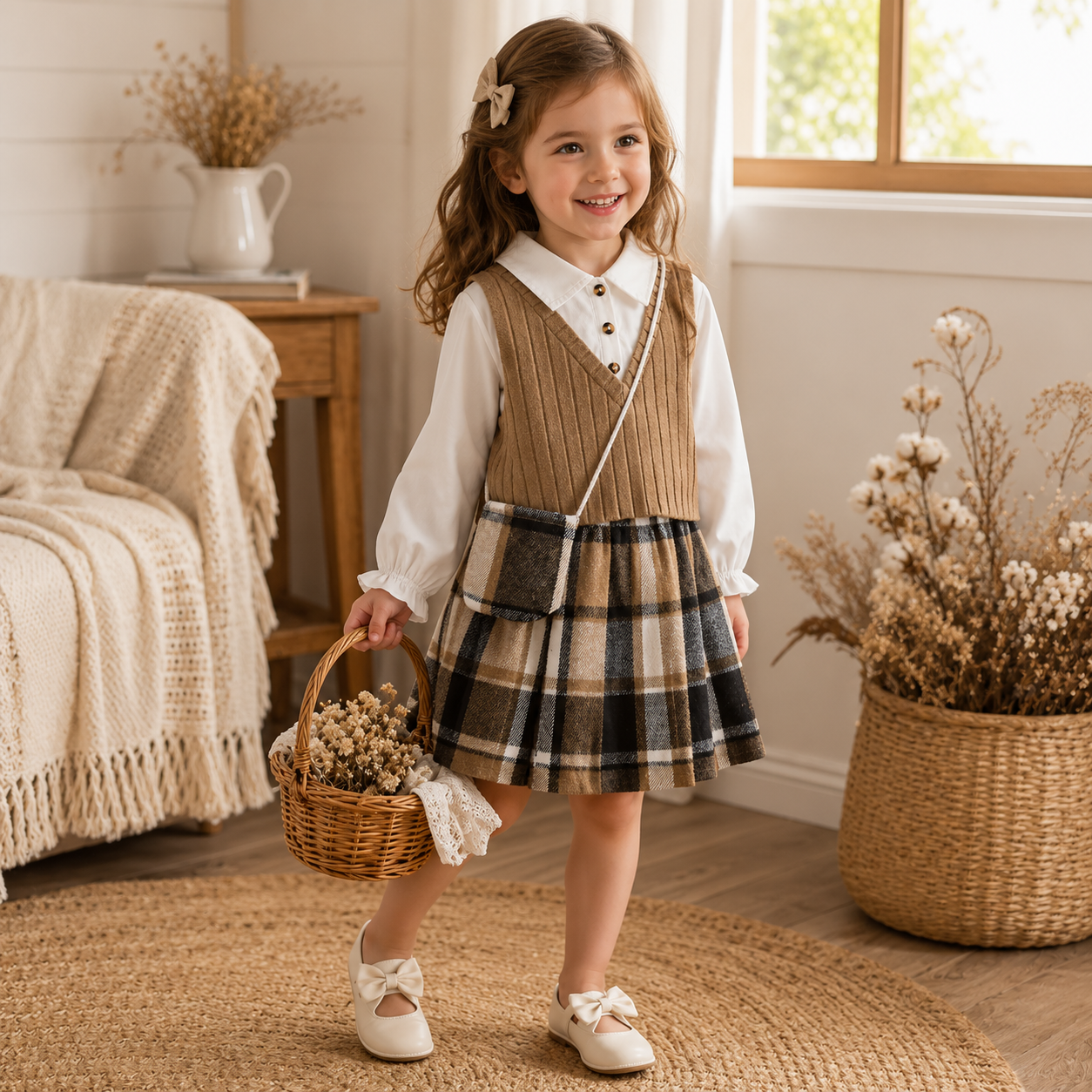Girls' 3-Piece College Style Set: Top, Checkered Skirt & Bag (4-7T)