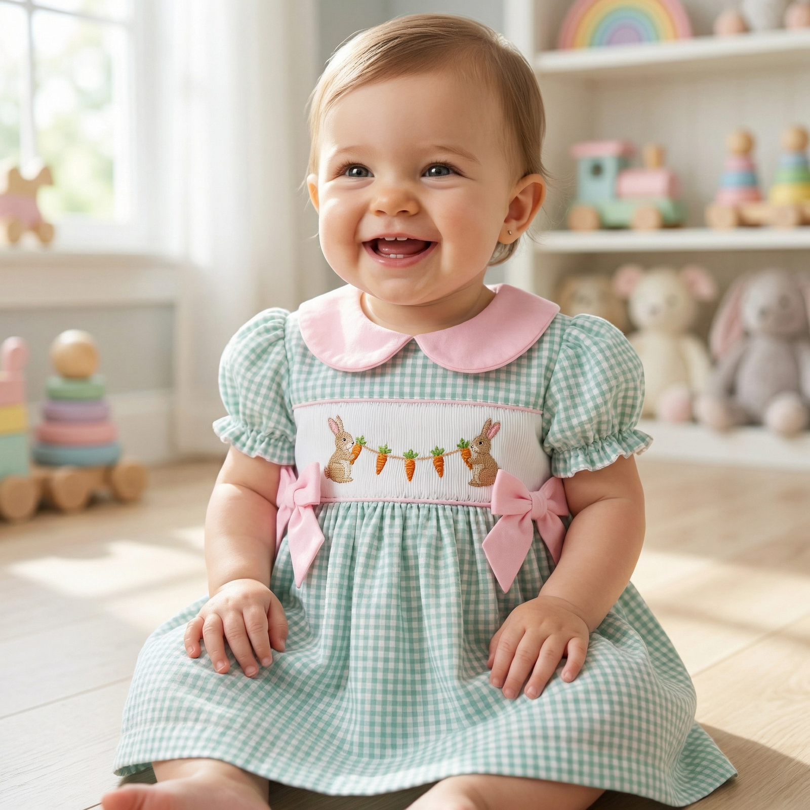 Rabbit & Carrot Embroidered Plaid Dress