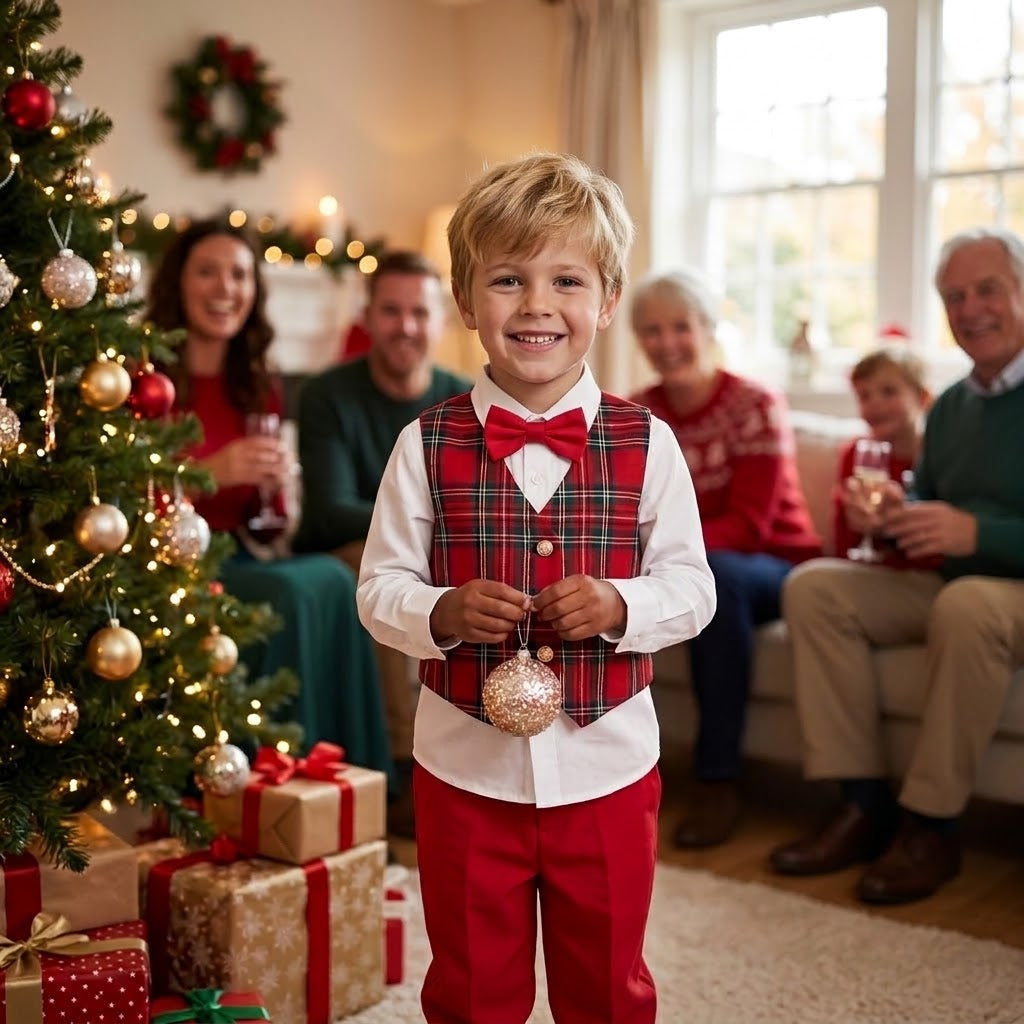 Boys Christmas Plaid Vest Outfit Set with Bow Tie & Pants