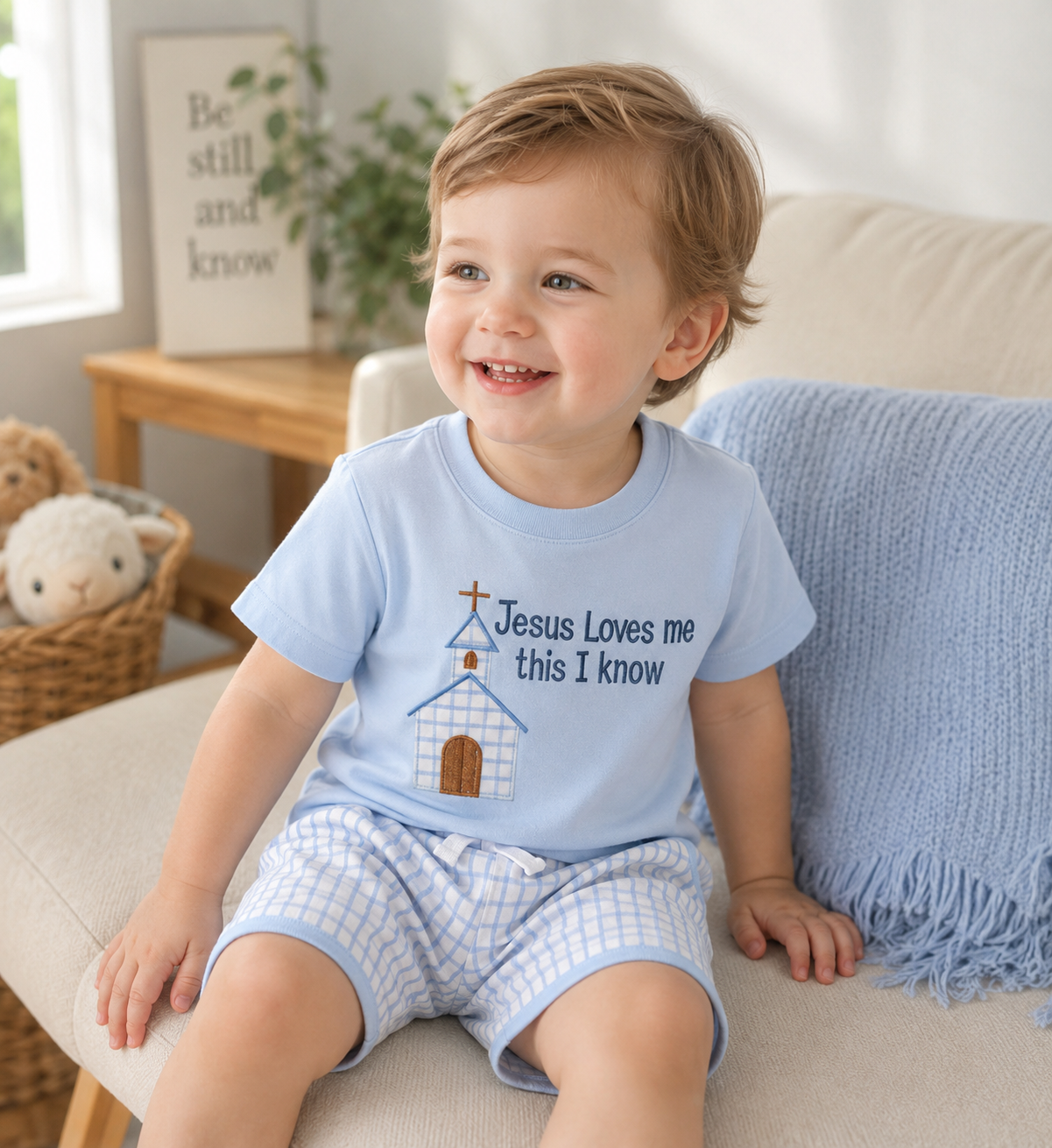 Boys Easter Church Embroidery T-Shirt & Plaid Shorts 2-Piece Set