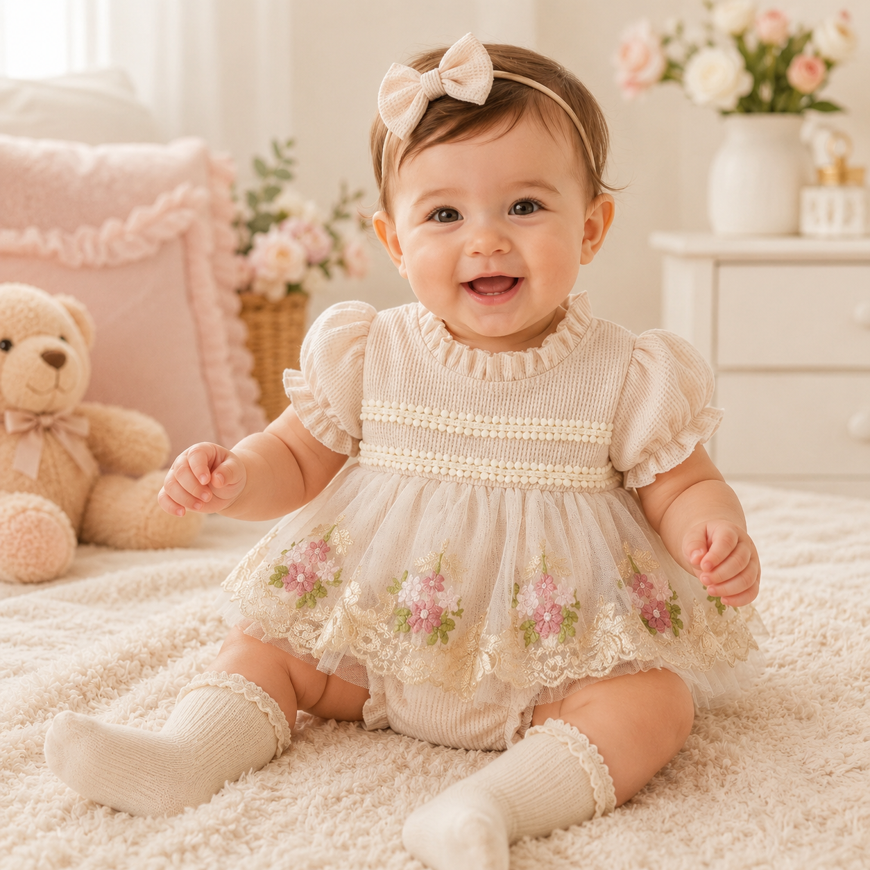 Baby Girl Romper Dress & Bow Headband Set - Floral Tulle Embroidery