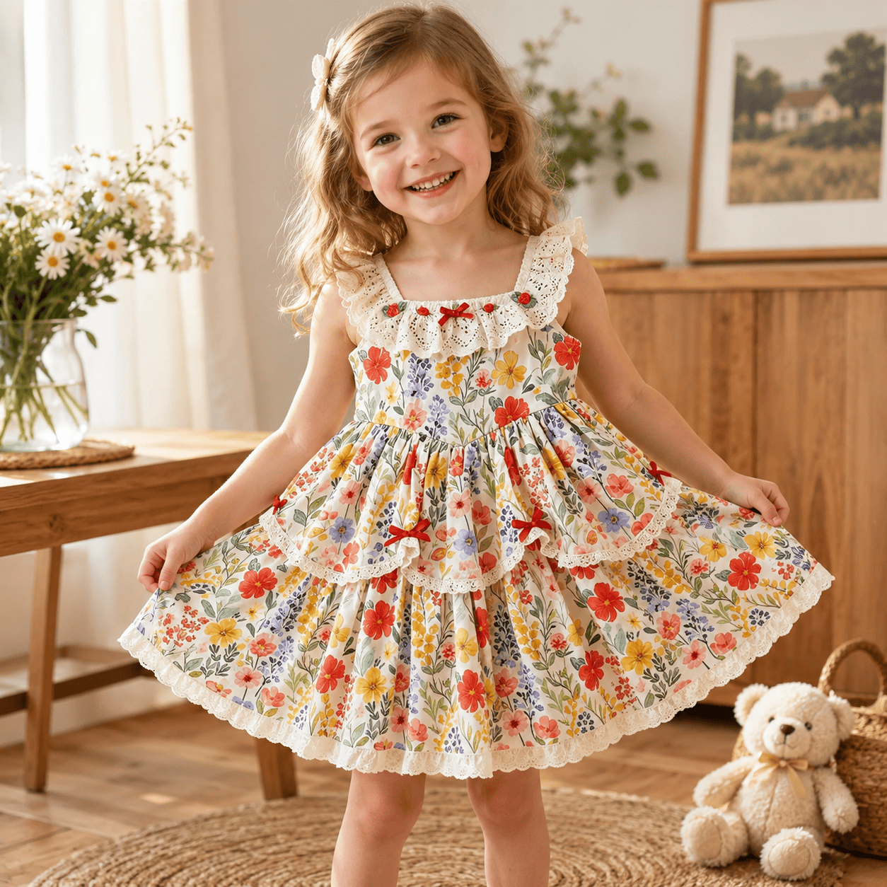 Baby Girl Floral Lace Ruffle Tiered Sleeveless Princess Dress