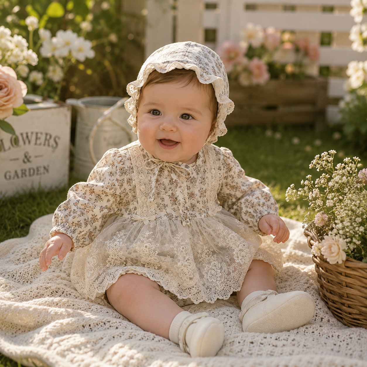 Baby Girl Lace Trim Long Sleeve Romper with Matching Hat