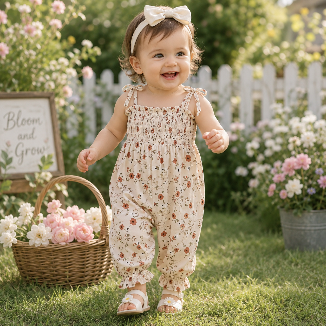 Baby Girls Floral Halter Romper with Tie-Up Straps