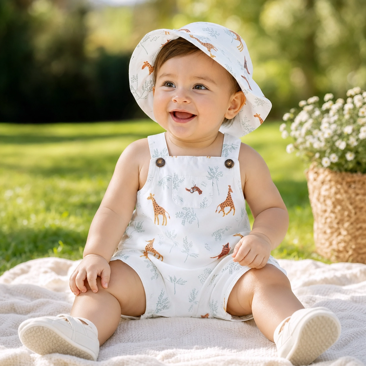 2-Piece Animal Print Summer Overalls & Hat Set