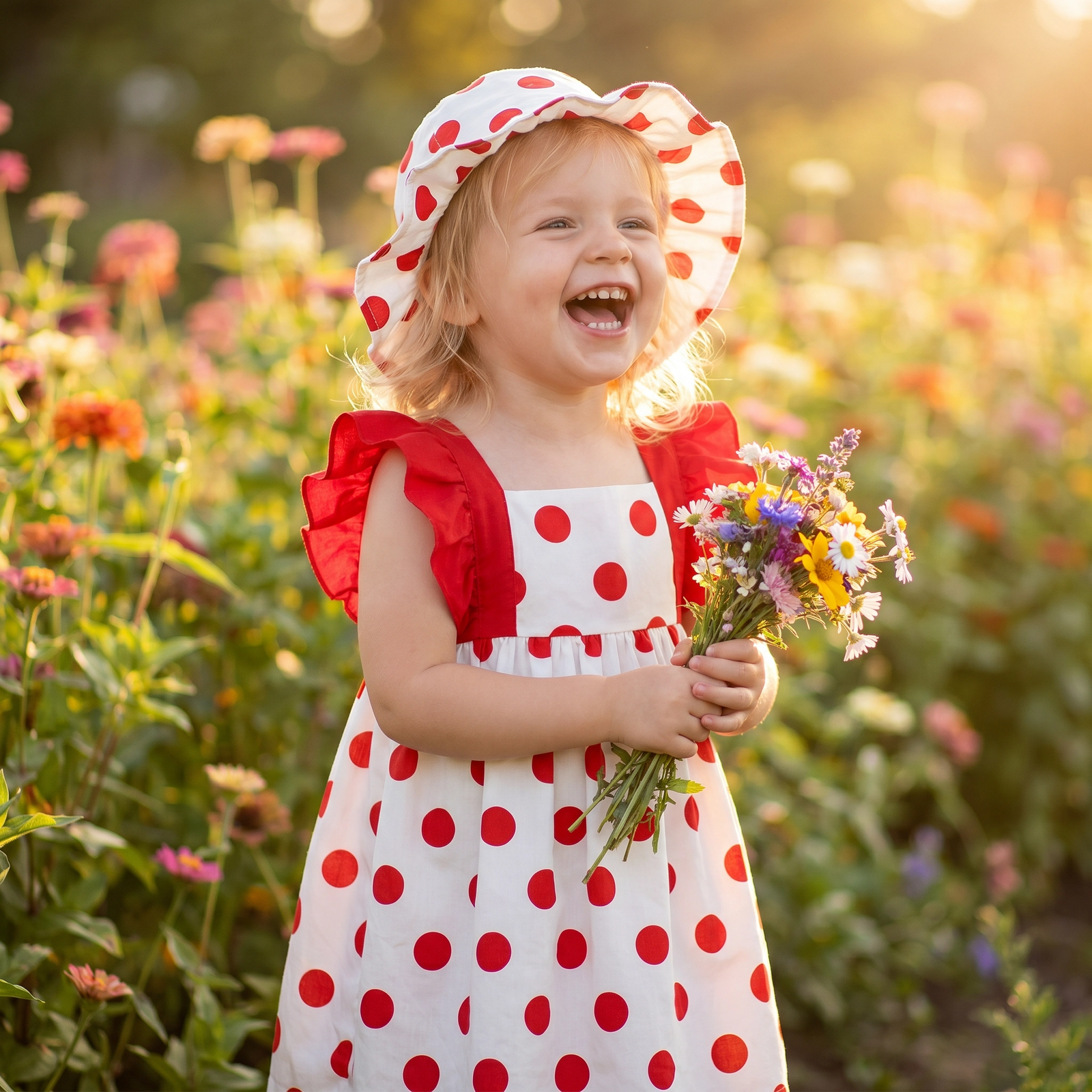 Polka Dot Dash Sleeve Dress & Hat Set for Baby Girls
