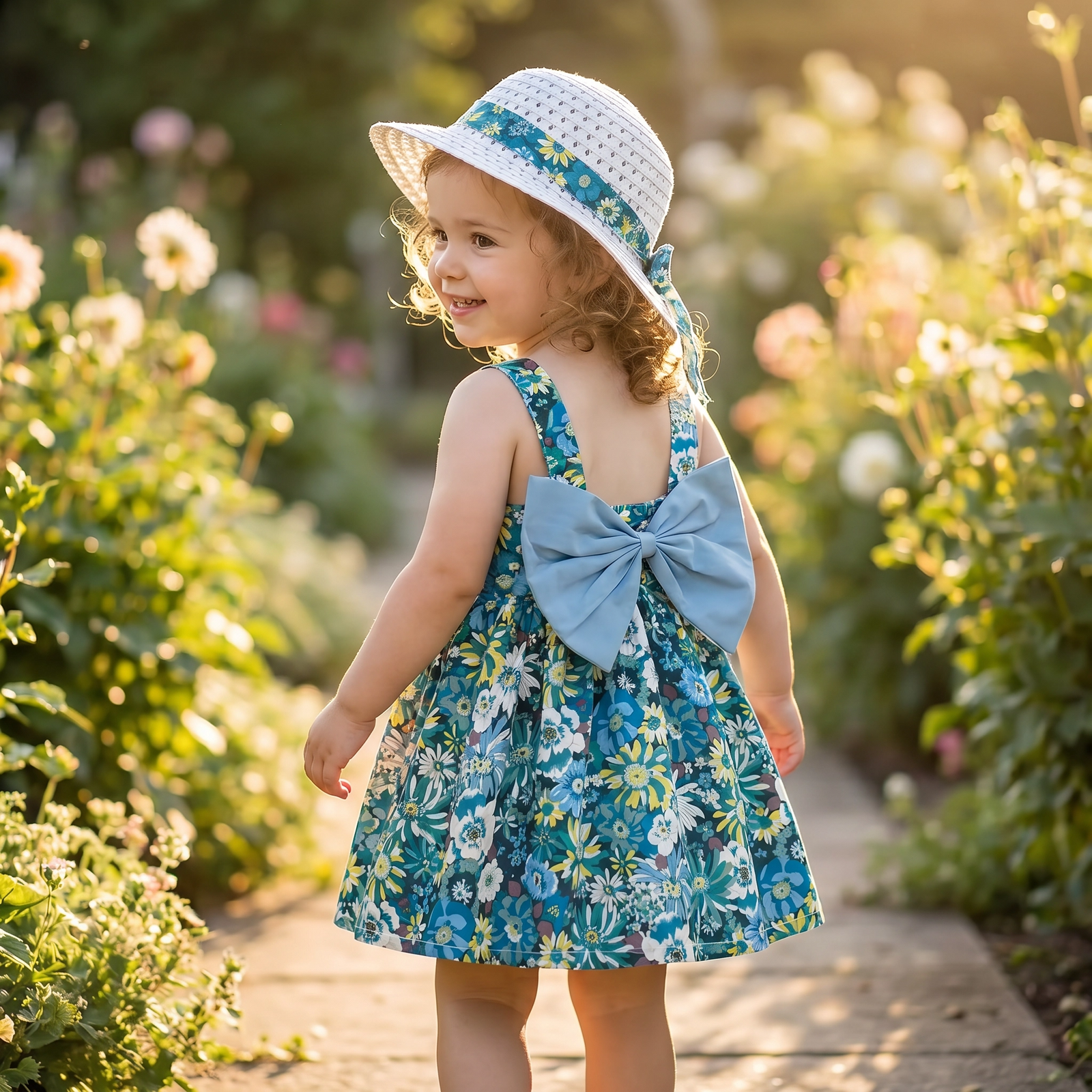 Floral Print Bow & Hat Princess Dress Set