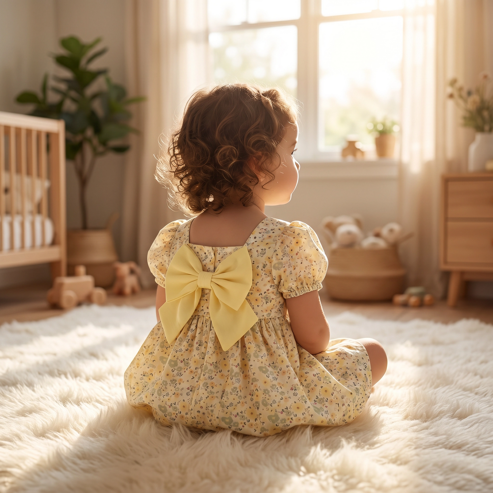Floral Puff Sleeve & Bow Dress for Toddler Girls