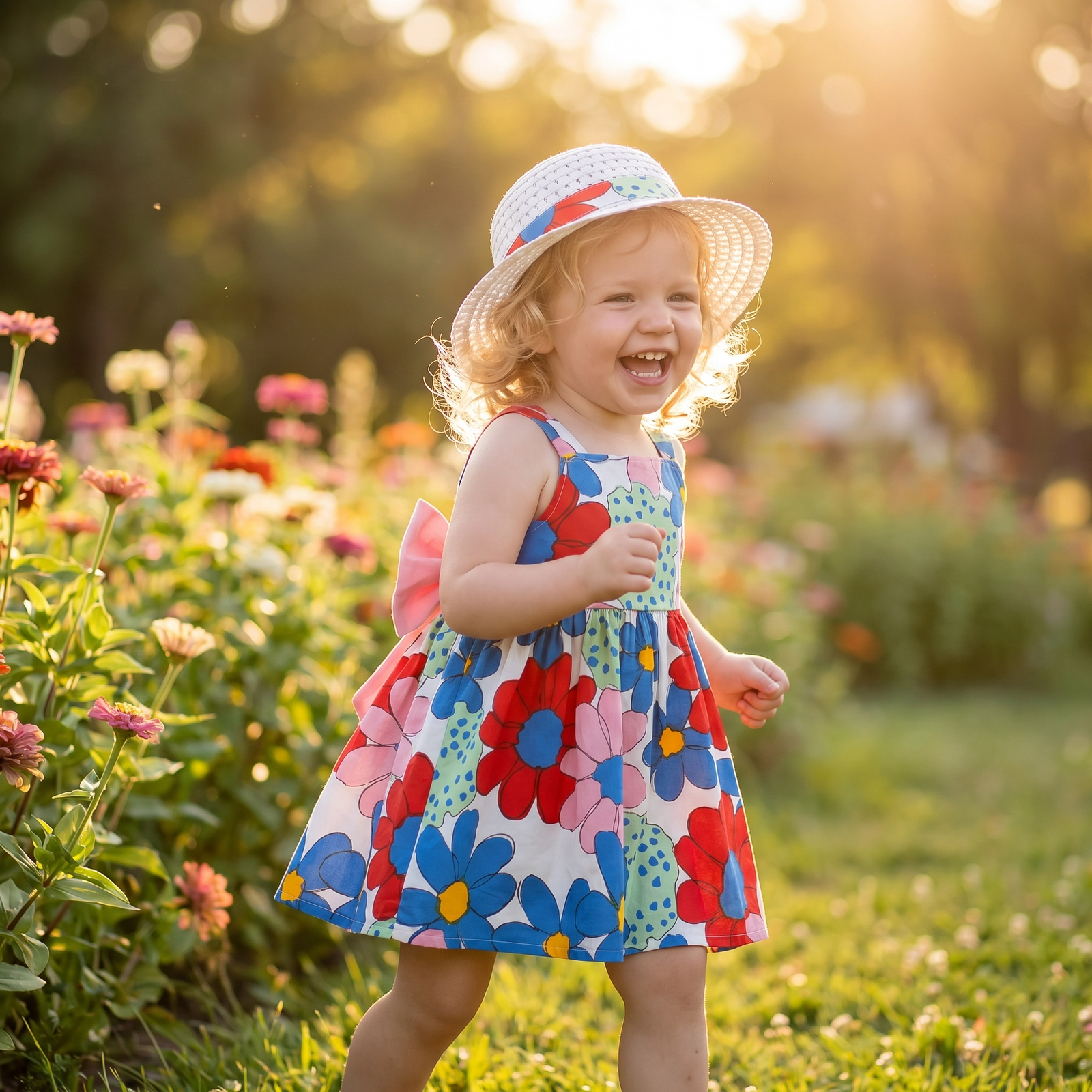 2-Piece Floral Bow Dress & Hat Set for Girls