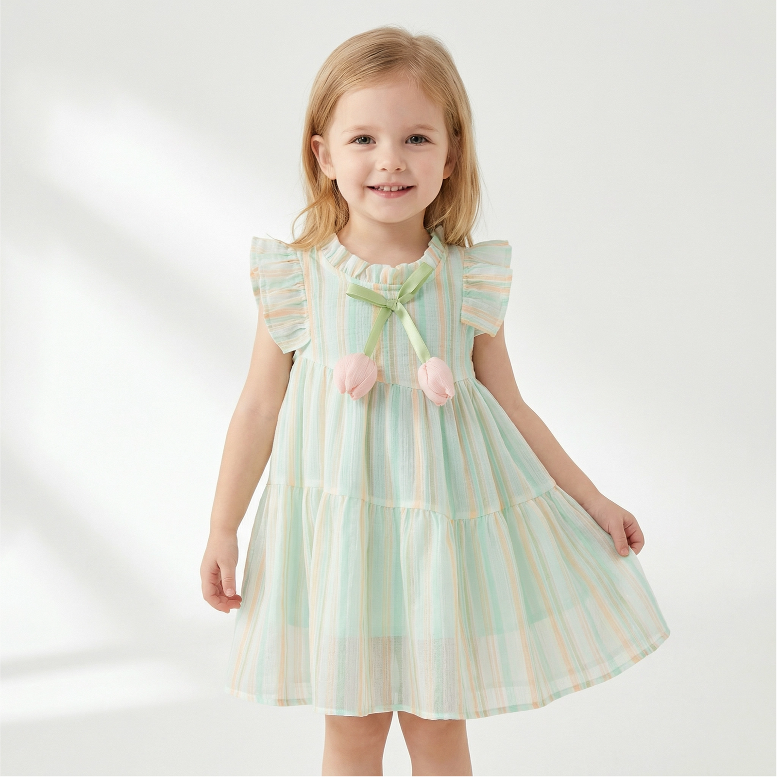 Cute Tulip Fly Sleeve Girl Beach Dress & Hat