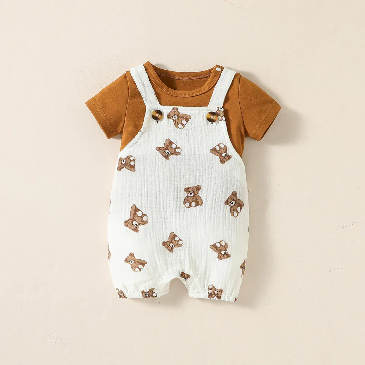 Brown Tee + Bear Overalls / 0-1M 2-Piece Baby Boy Summer Set