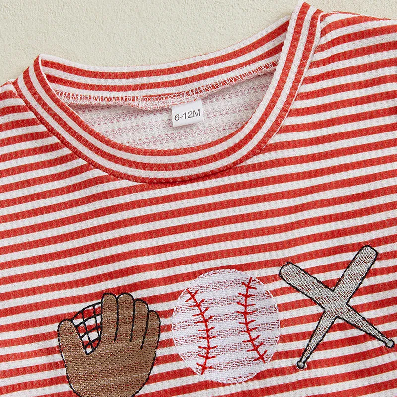Red / 3-4T 2-Piece Boys' Striped Baseball Embroidery Shorts Set
