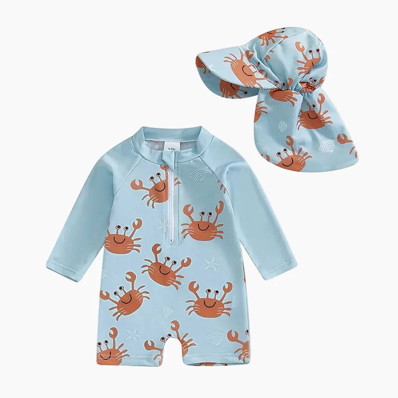 Crab / 3-6M 2-Piece Toddler Boys' Long Sleeve Rash Guard & Swim Cap Set