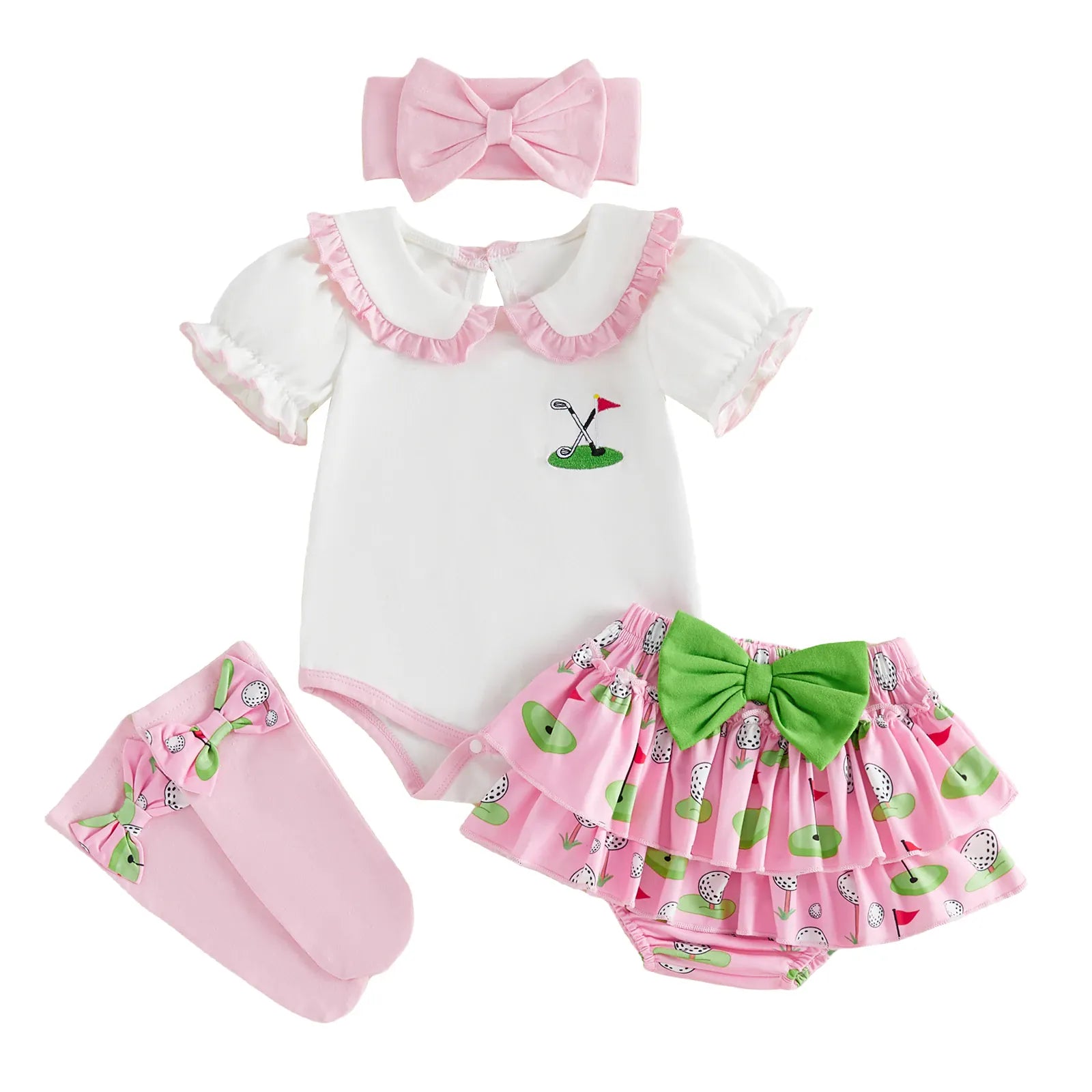 White / 0-3M 4-Piece Golf Print Romper & Shorts Set
