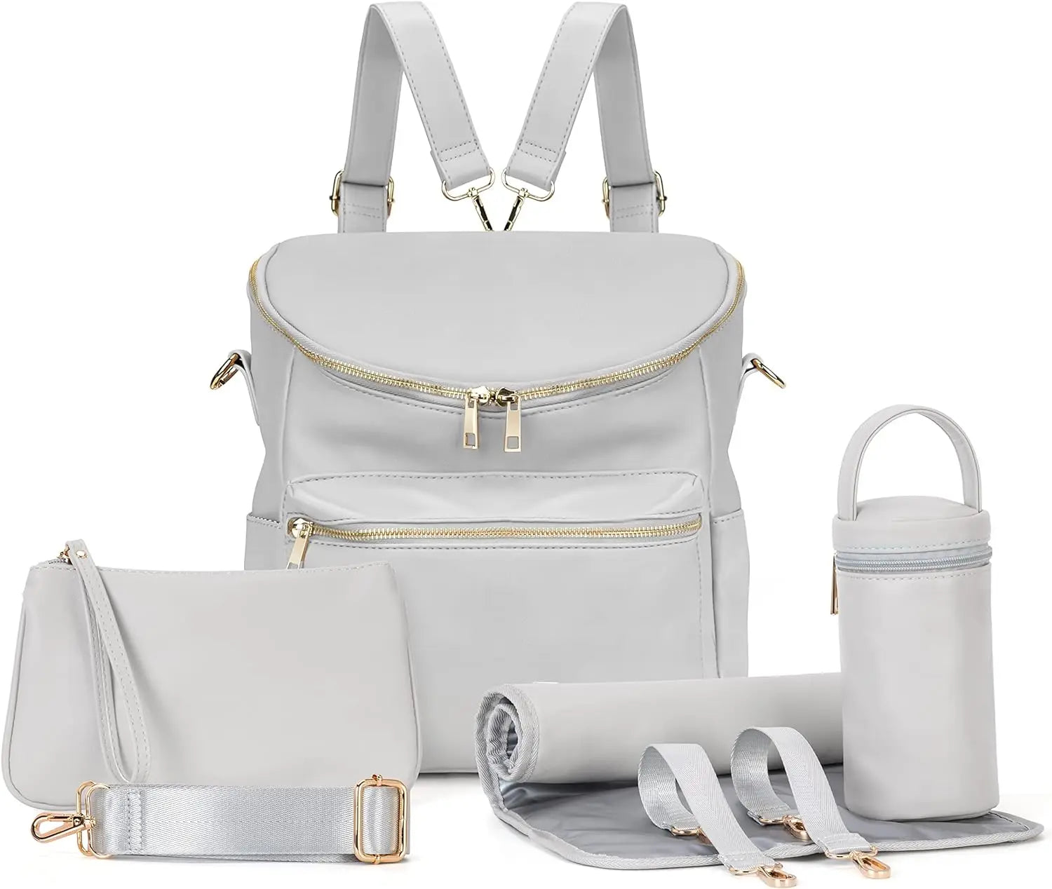 GRAY 5-in-1 Leather Diaper Backpack Set for Stylish Moms