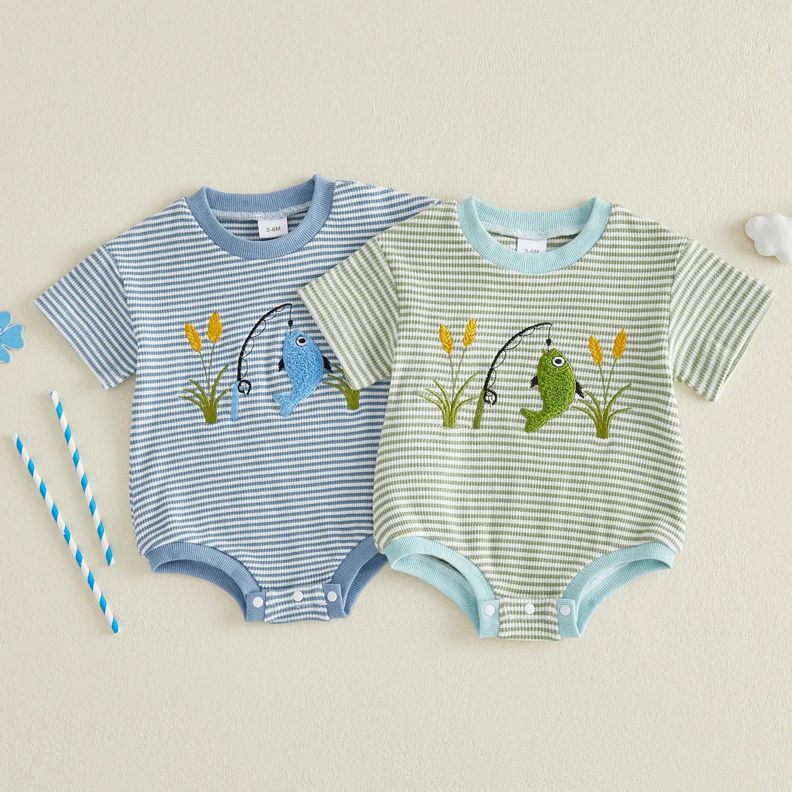 Baby Boy Fish Embroidery Striped Waffle Knit Bodysuit 0–18M