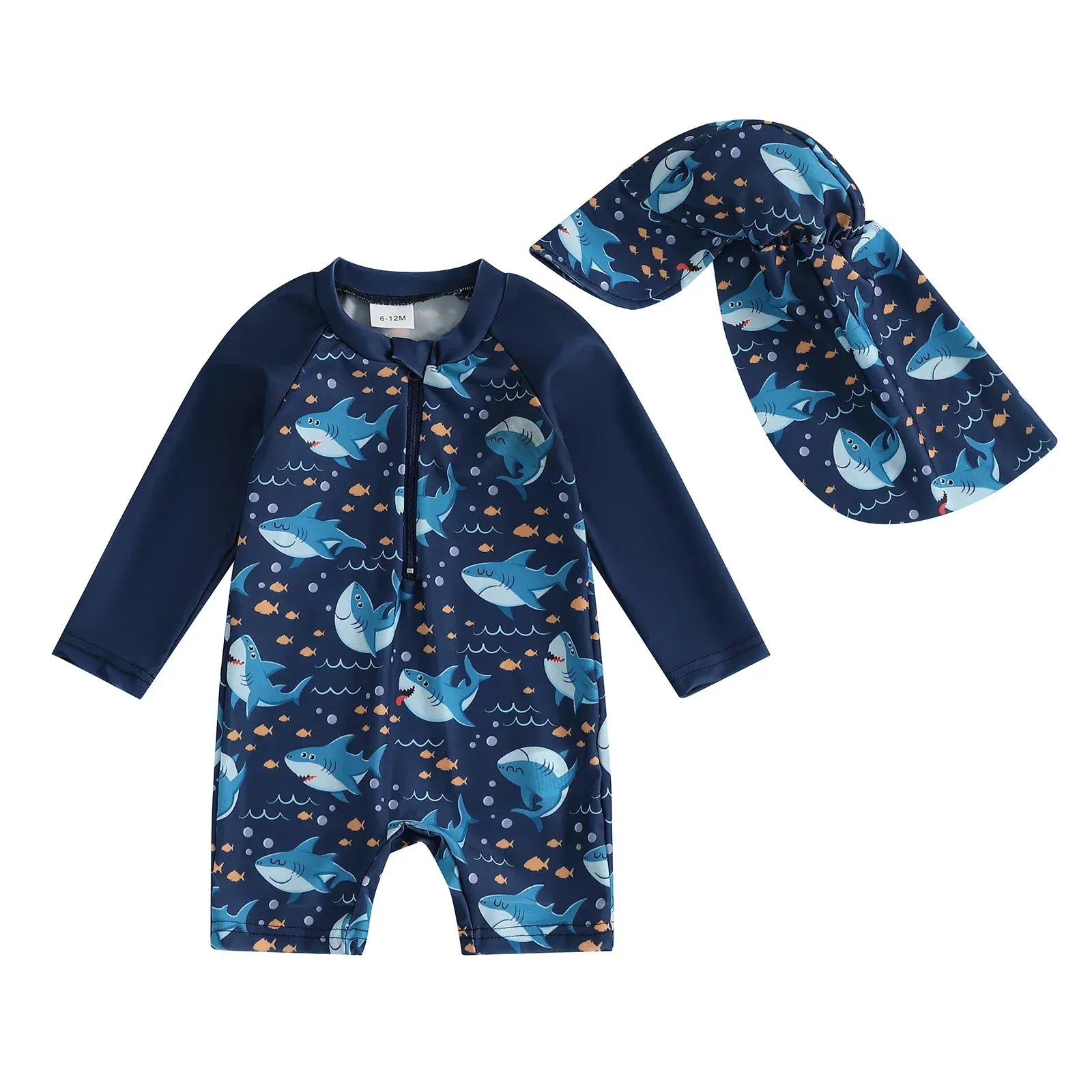 Navy Space Explorer / 6-12M Baby Boy Rash Guard Swimsuit with Swim Cap